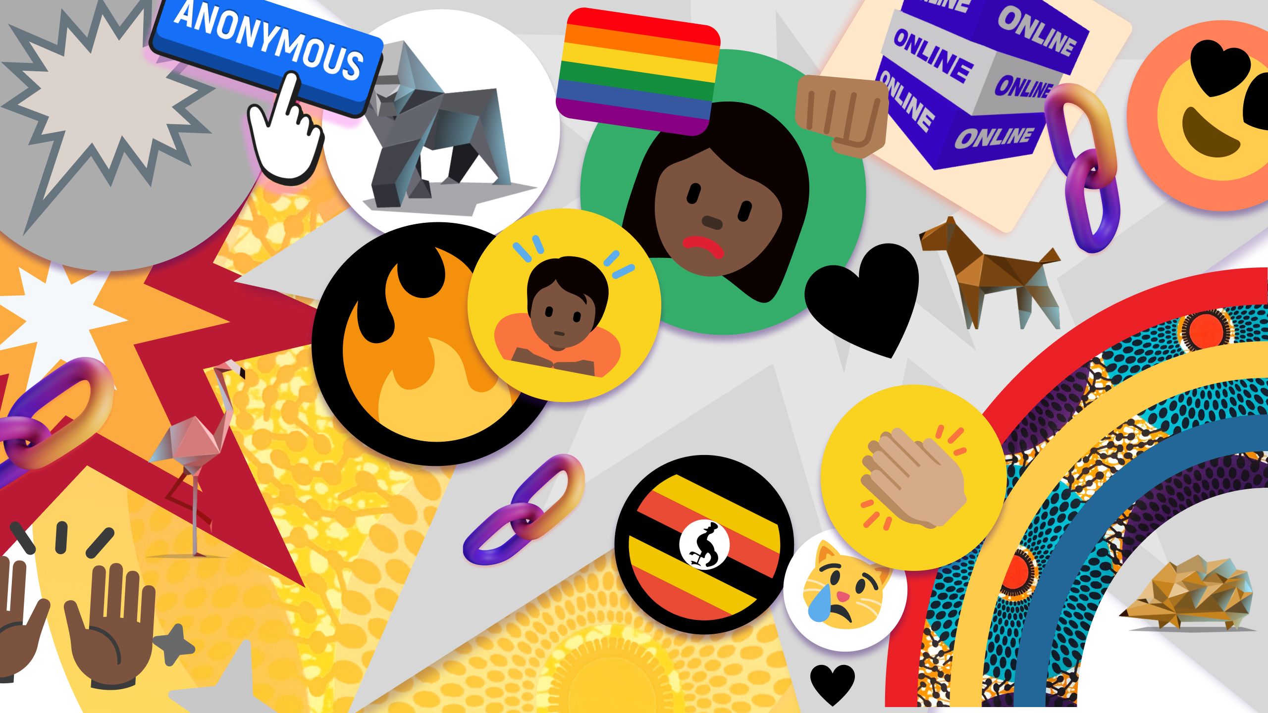 A colorful collage featuring various icons and illustrations. There's a heart, a clapping hand, and the flag of Uganda.